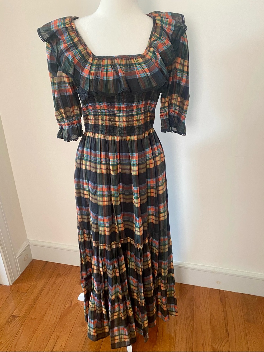 Ivy City Co Plaid Smocked Ruffle Prairie Maxi Dress M
